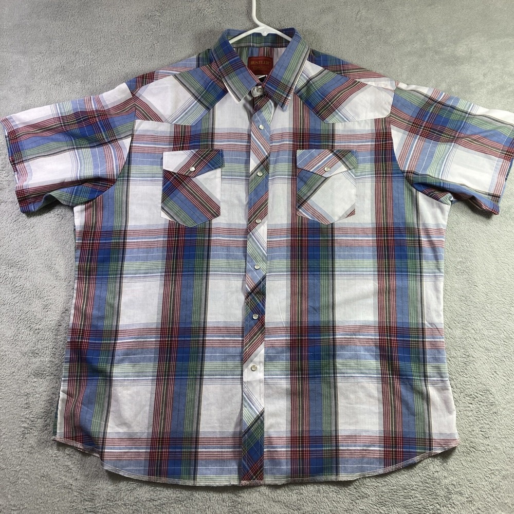 Rustler Pearl Snap Shirt Men 2XL Plaid Western X Long Tails Cowboy Pockets